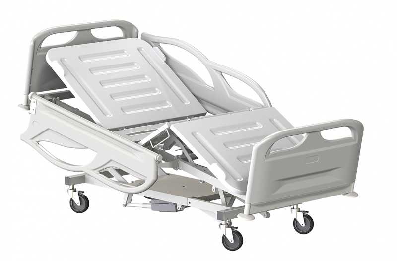 Кровать медицинская функциональная трёхсекционная КМФТ140-«МСК», с регулировками высоты и наклонов секций на электроприводах, в комплекте с пластиковыми спинками, ложем и боковыми ограждениями (код МСК-3140)